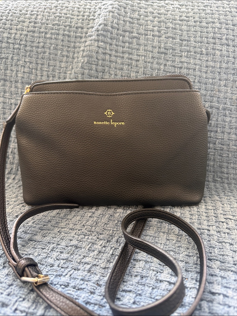 Nanette Lepore Black Pebbled Leather Crossbody with Gold Logo